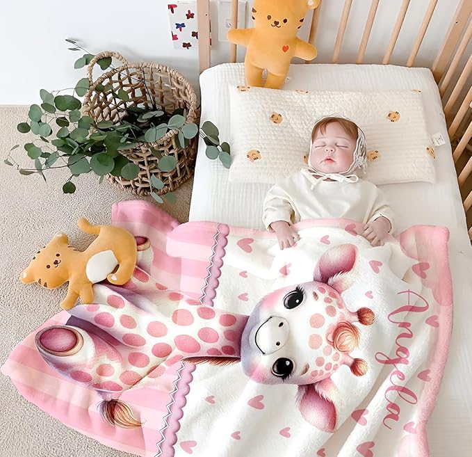 Personalized Baby Blanket for Girls, Custom Baby Blanket with Name, Soft Cozy Personalized Name Blankets for Kids, Customized Giraffe Blankets for Infant Toddler Birthday Christmas