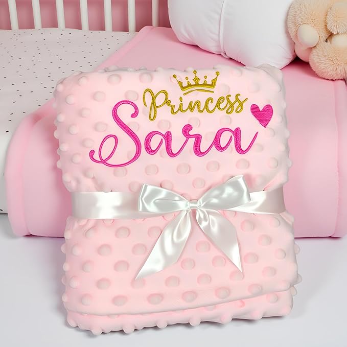 Personalized Baby Blankets for Girl, Custom Baby Blanket with Name, Embroidered Soft Minky Fleece Plush Sherpa Toddler Crib Stroller Blanket, Customized Newborn Birthday Gift Set, 27 * 35 Inch-Pink