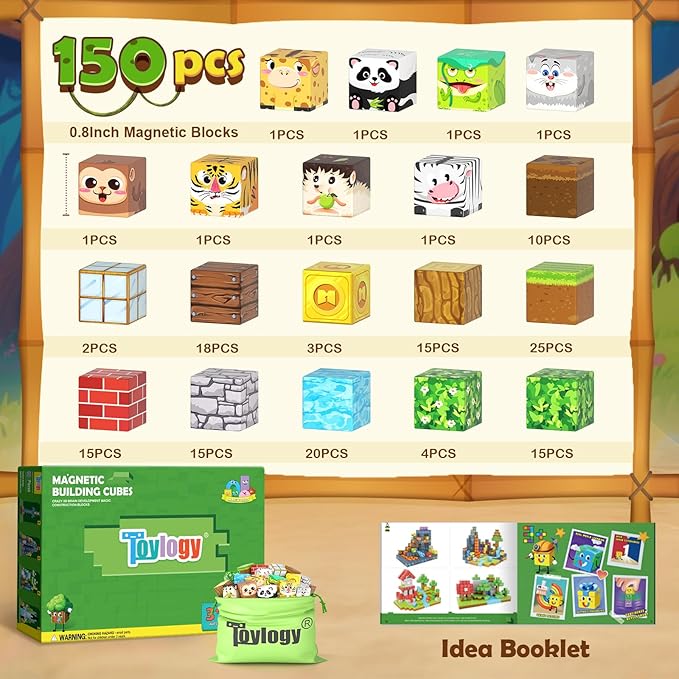150PCS Magnetic Blocks-Build Mine Magnet World Animals Edition Building Toys for Boys & Girls Age 3-8, Magnetic Sensory Tiles, Ideal Building & Construction STEM Toys Gifts for Toddlers 3+ Years Old