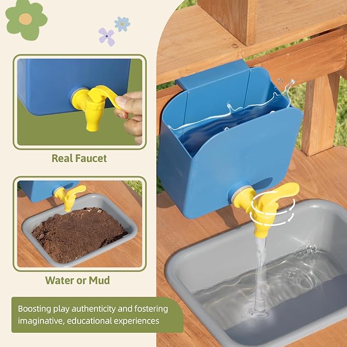 OOOK Mud Kitchen for Kids Outdoor, Kids Kitchen Playset with Canopy, Gardening Tools, Chalkboard, Flower Pot, Cookingware, Removable Water Tank, Ideal Gift for Boys and Girls 3+, Solid Fir Wood.