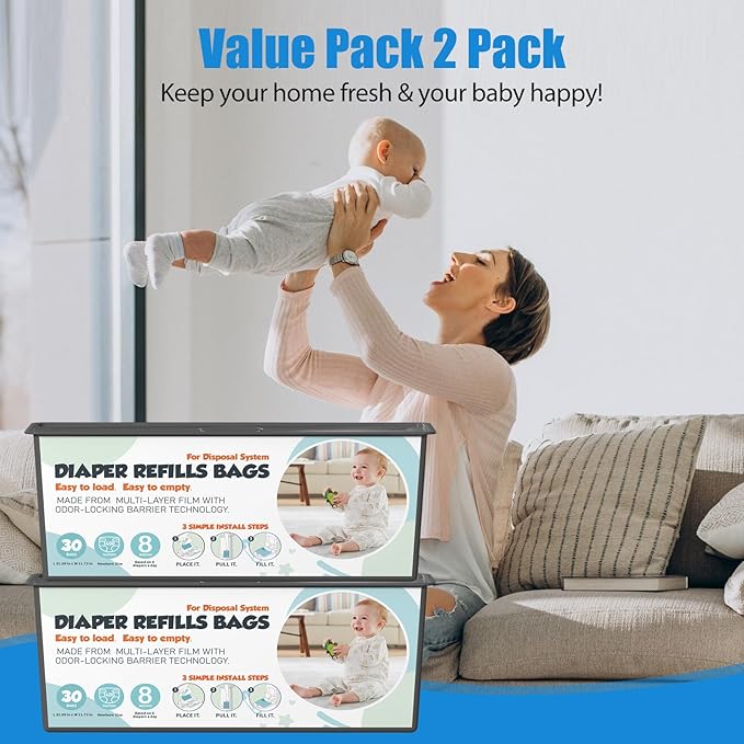 Diaper Pail Refills Bags with 30 Bags Compatible with Genie Easy Roll Signature and Platinum Diaper Pails, 7-Layer Odor-Barrier Technology, 2 Pack (60 Bag)