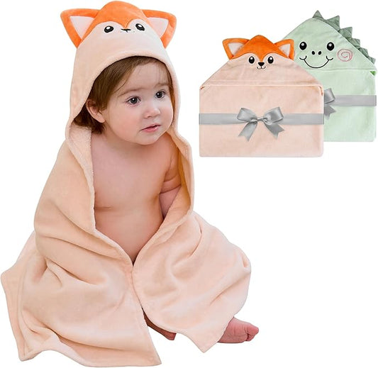 Viviland 2 Pack Hooded Baby Towels, Soft 100% Cotton Baby Bath Towels with Hood, Extra Thick and Absorbent, Essential for Newborns, Kids, Infants - Girls and Boys (Dinosaur & Fox)
