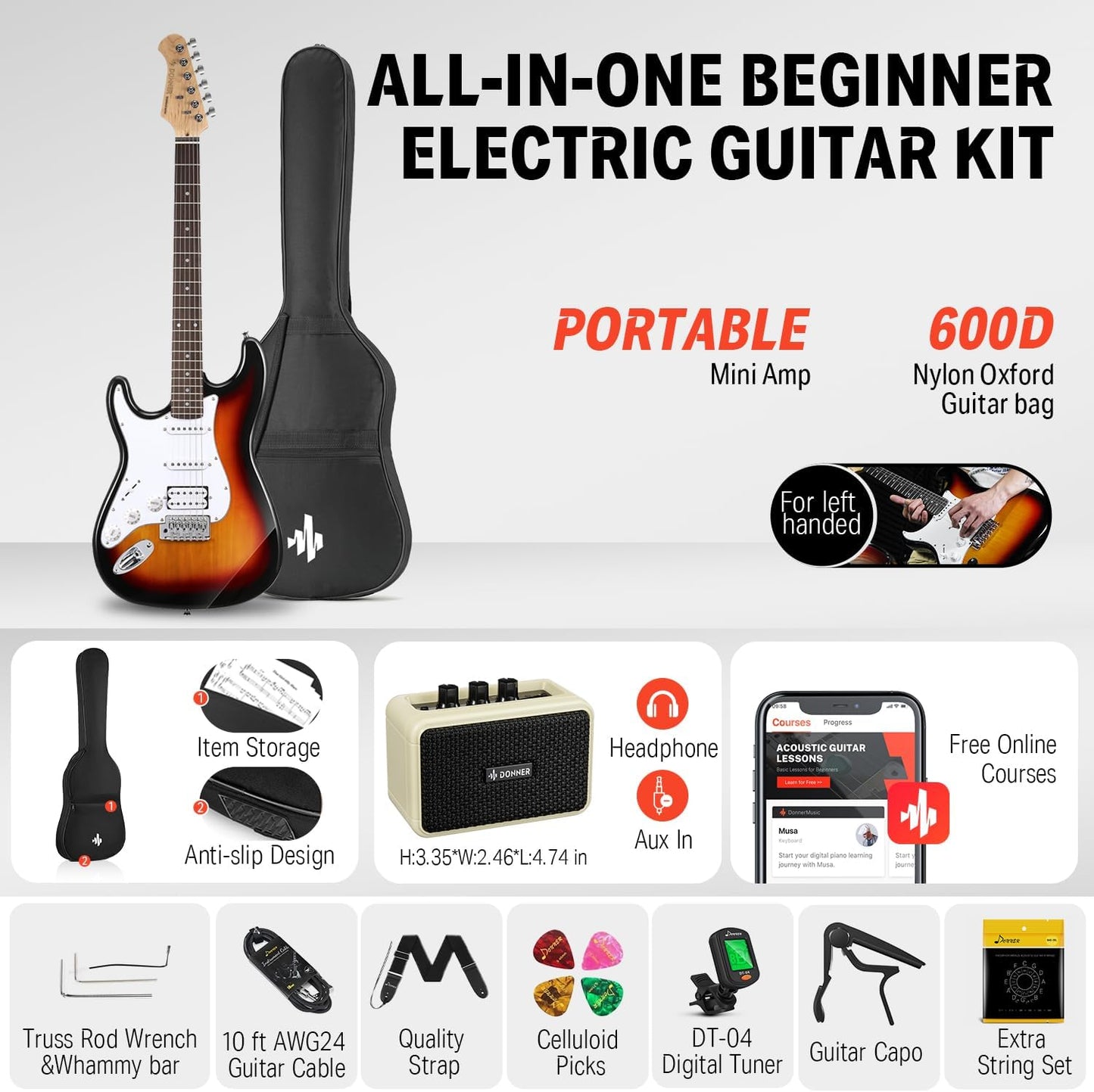 Donner 39 Inch Left-Handed Electric Guitar Kit Solid Body Sunburst Lefty Beginner Set Full-Size with Amplifier Online Lesson Bag Digital Tuner Capo Strap String Cable Picks DST-100SL