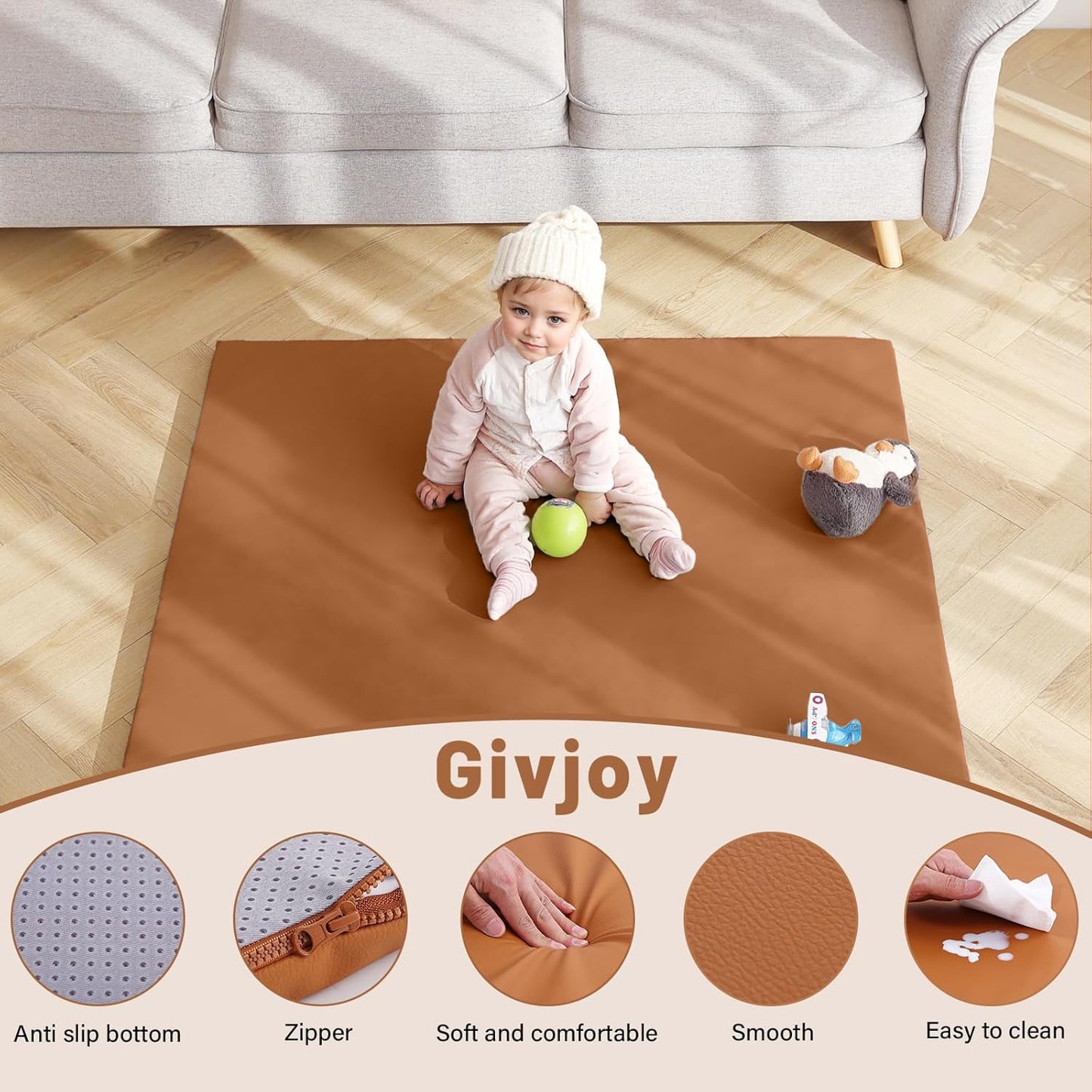 Baby Play Mat 48"x48" – Thick, Non-Slip Foam Mat for Babies and Toddlers. Foldable, Scrubbable, Odorless, and Soft, Ideal for Playpens, Crawling, and Indoor Playtime-Brown