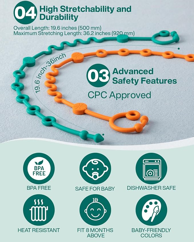 Toy Straps for Baby, Adjustable Toy Holder for Stroller Accessories, Silicone Tether Pacifier Clip, No Throw Travel Essential Leash for High Chair, Car Seat (3- Pack)