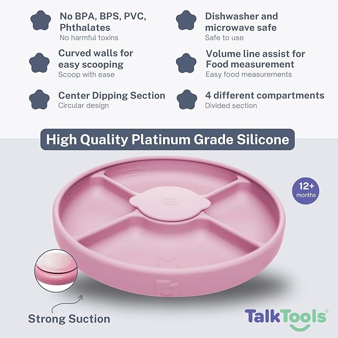 TalkTools Bitsy Silicone Suction Plates for Toddlers – Divided Baby Plate for Kids 6+ Months | BLW Feeding Essentials | Microwave Safe, BPA-Free | Weaning Supplies Must Haves - Pink (Made in USA)