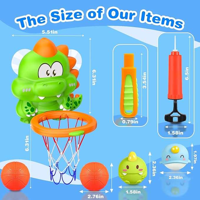 Topsolid Bathtub Basketball Hoop for Kids - Dino Style 2-in-1 Bath Toys with Strong Suction Cups & 4 No Hole Balls | Fun Shooting Game for Baby Toddler Boys & Girls Ages 1-8