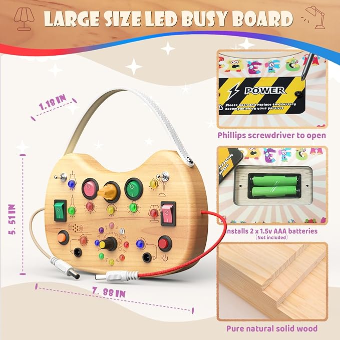 Montessori Wooden Busy Board for Toddlers with LED Light Lights & Switches,Portable Activity Board for Car & Airplane Travel Toys, Christmas & Birthday Gift for 1-3 Year Old Boys & Girls