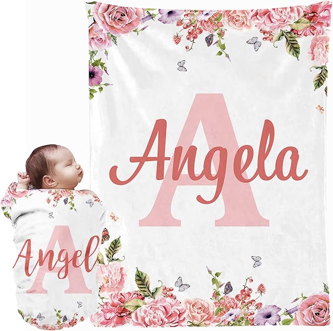 EVER2000 Personalized Baby Blanket for Girls, Custom Floral Baby Blanket with Name, Soft & Fuzzy Newborn Receiving Blankets for Toddler, Customized Baby Gifts for Birthday Baby Shower