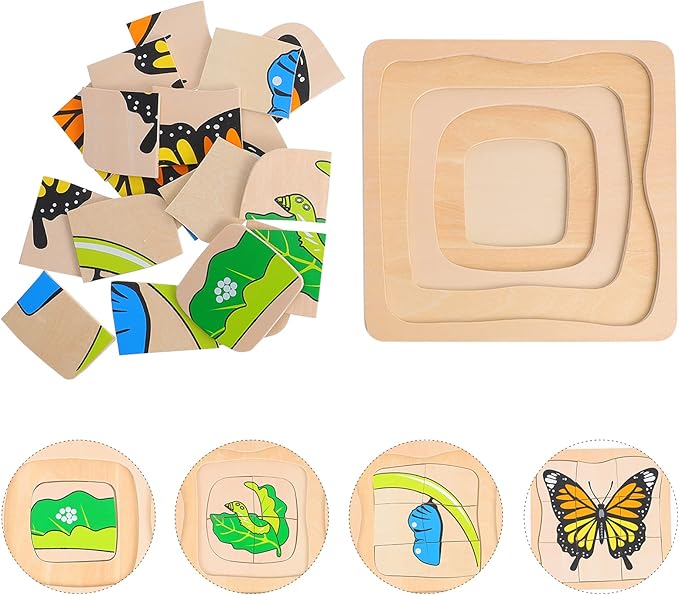 jojofuny Wooden Multi Layered Puzzles, Life Cycle of Butterfly, Cartoon Montessori Toy DIY Puzzle Early Educational Toy for Children Kids