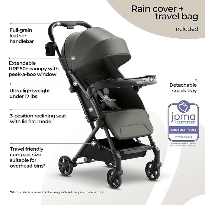 Mompush Lithe V2 Lightweight Travel Stroller, Compact Foldable Baby Stroller with Travel Bag, One-Hand Fold Stroller, Snack Tray, Mechanical Recline Seat, Airplane-Ready, Organizer & Rain Cover