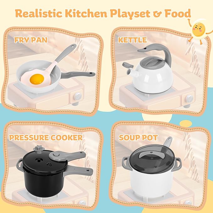 105Pcs Kids Kitchen Toy Accessories, Toddler Pretend BBQ Camping Cooking Playset, Play Pots, Pans, Utensils Cookware Toys, Play Food Set, Vegetables, Learning Gift for Girls Boys