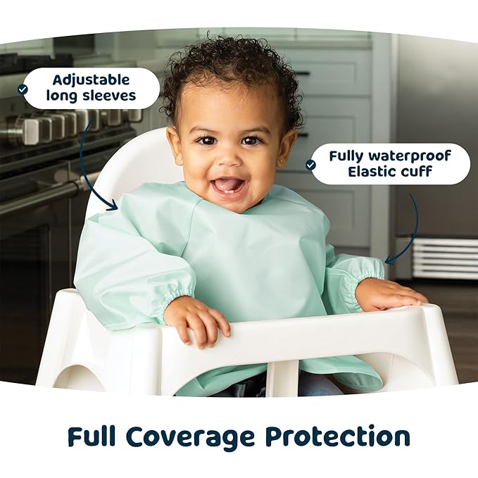 Tiny Twinkle Long Sleeve Bib for Babies & Toddlers – 2 Pack Waterproof Smock Bibs for Eating – Machine Washable & Mess-Proof, Baby Feeding Essential & Shower Must-Have (Sage Charcoal,6–24M)