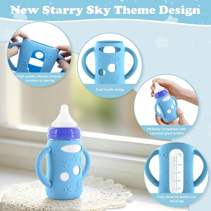 4-Pack Silicone Sleeves for Lansinoh Glass Bottles 5 oz- Starry Sky Design Baby Bottle Holder with Handles,Protectors for Lansinoh Natural Wave Glass Bottles, Anti-Scald Feeding Supplies