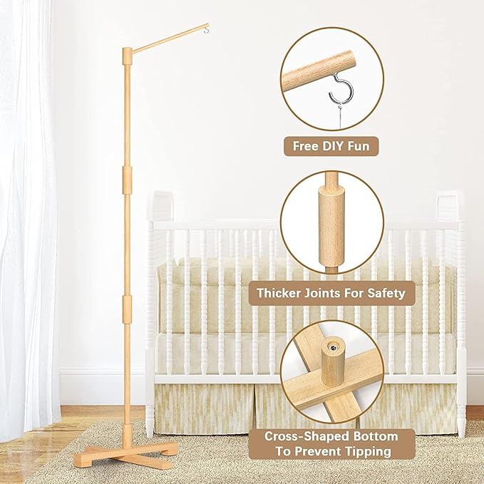 FEISIKE Baby Crib Mobile Arm, 57.4 Inch Mobile Arm for Crib Wooden Nursery Decor Hanger,Holder for DIY Mobile Baby Girl Boy,Hanging Attachment Set Upgrade Floor Stand
