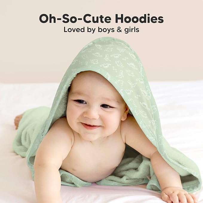 KeaBabies Hooded Baby Towel for Newborn - Viscose Derived from Bamboo Large Baby Bath Towels with Hood for Boys, Girls, Toddler, Extra Absorbent & Soft Newborn Bath Essentials (Dinos, Petite)