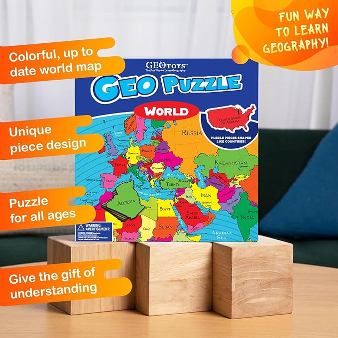 GeoToys GeoPuzzle, World Shaped Jigsaw Puzzles, 68 Pc Geography Puzzle, Geography Game & Map Puzzle, Jigsaw Puzzles for Kids Ages 6-9 Years Old