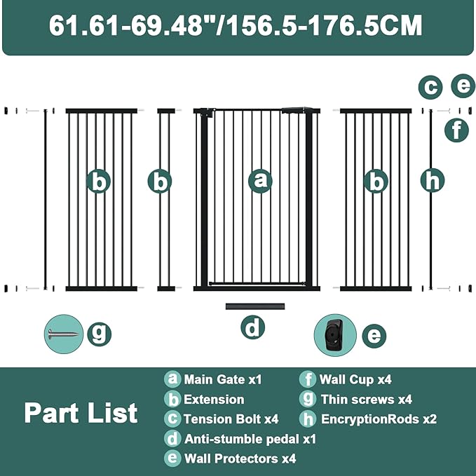 40.55" Tall 1.37" Ultra Narrow Spacing Dogs Pets Baby Gate for Doorway Safety Proof Indoor 61.61-69.48" Extra Wide Puppy Pressure Mounted No Drill Walk Through Black Metal Hallway