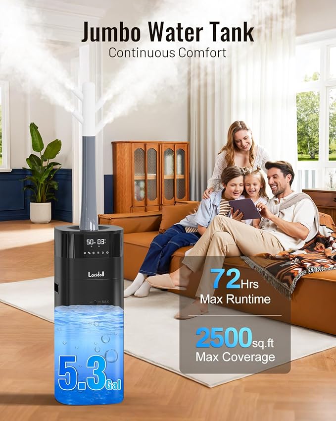Cool and Warm Mist Humidifier Large Room, 5.3Gal/20L Humidifiers for Home 2500 sq ft, Whole House Humidifiers with Diffuser Extended Tube, Air Humidifier for Bedroom Nursery Baby Plants Black