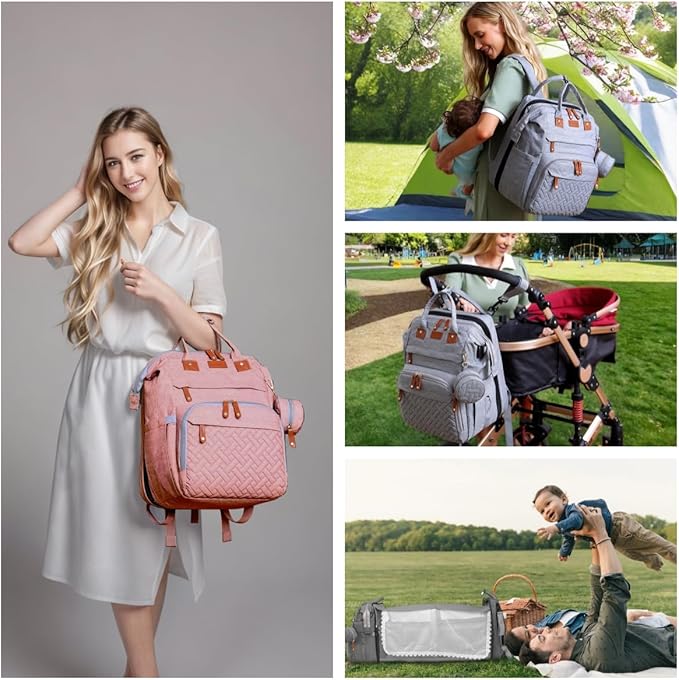 Diaper Bag Backpack with Changing Station, Multifunction Travel Baby Bag, Waterproof Baby Tote, Large Capacity Mommy Bag, Newborn Essentials Backpack Bag, Girls, Pink