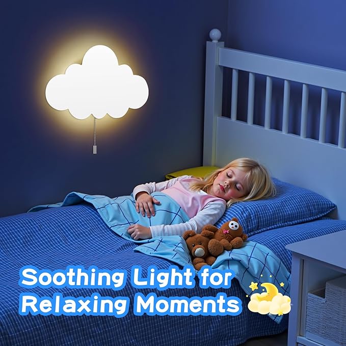 Cloud Light - Battery-Powered Wall Lamp for Nursery, Kids Bedroom & Baby Room, 3000K Warm Night Light with Pull-String Switch, Cordless 3.7V, Lightweight 33x20cm (No Charging Needed)