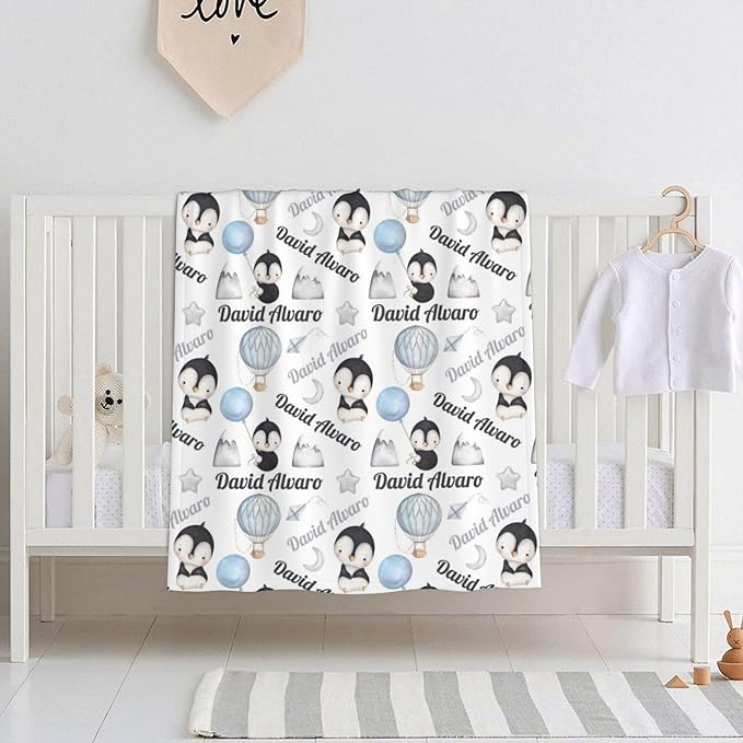 Ship Next Day Personalized Baby Blanket, Printed in USA - Custom Name Toddler Blanket with Penguin Pattern, Personalized