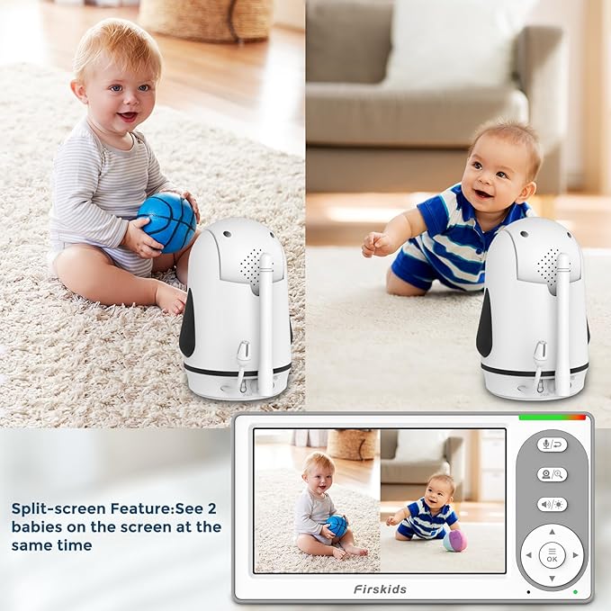 Baby Monitor with 2 Cameras No WiFi, 4.3" IPS Split-Screen, 30H Battery, Pan-Tilt-Zoom, Night Vision, 2-Way Audio, Room Temp Sensor, Lullaby, Plug & Play - Ideal for Travel