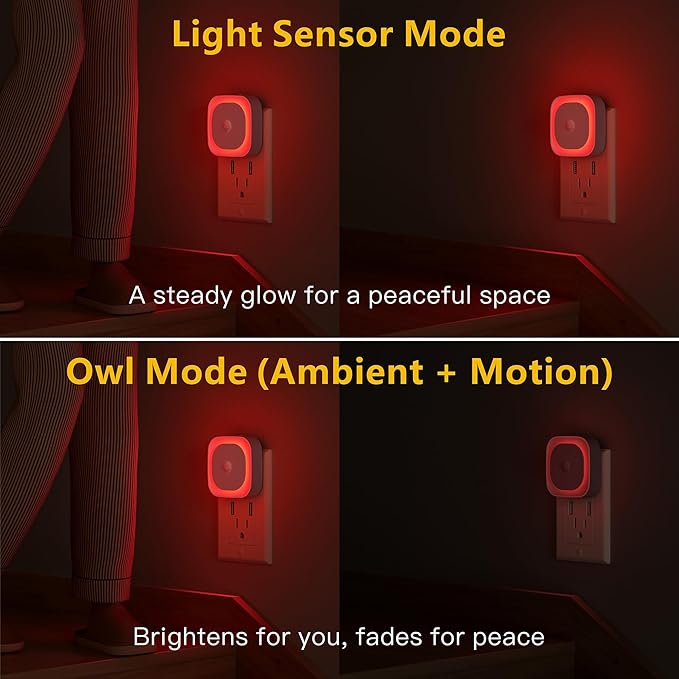 2 Pack Plug in Red Sleep Night Light with Motion Sensor & Dusk to Dawn Sensor, Soft Glow, Dimmable, LED Lights for Bedroom, Sleep, Baby Nursery, Kids, Toddler, Bathroom, Hallway, Home Decor