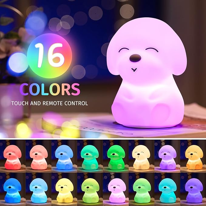 Mubarek Kids Night Light Cute Lamp, Remote+16 Colors Night Lamp for Bedroom, Dimmable Night Light, Timer for Kids Lamp, Battery Operated Kawaii Room Decor,Cute Dog Gifts Puppy Gifts for Boys