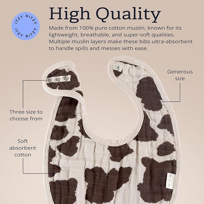 Itzy Ritzy Set of 3 Baby Bibs - Ultra-Soft Adjustable Infant & Toddler Bibs Made of Triple-Layer Cotton Muslin, Ideal for Drooling, Teething, & Eating - 3 Stylish, Coordinating Prints (Cow Print)