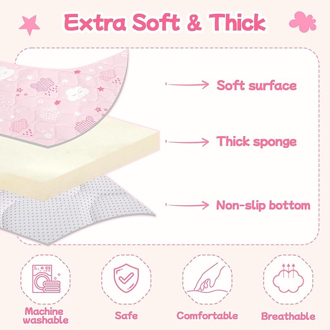 Baby Play Mat for Floor,Soft 50x50 Playpen Mat,Thick Foam Cushioned Playmat for Tummy Time,Safe Non-Slip Backing for Crawling for Kids Toddlers Infants,Pink Clouds