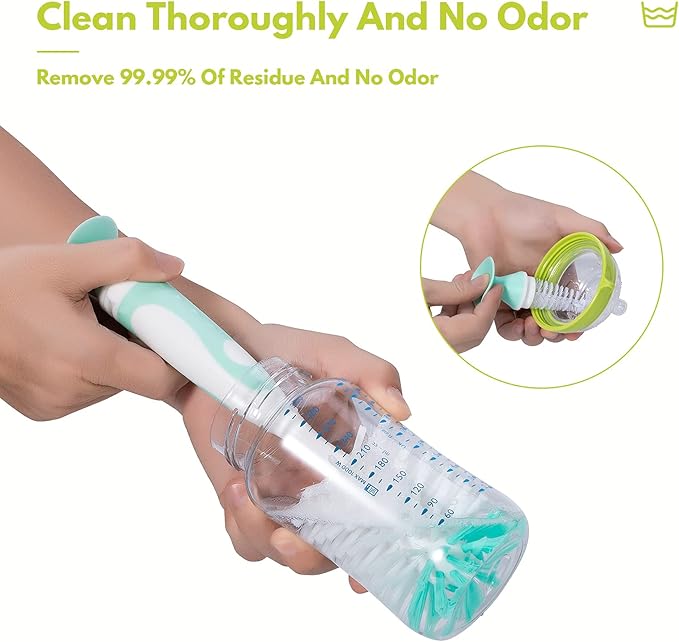 2 Pack Baby Bottle Brush with 4 Pack Straw Brushes, 10.2" Nylon Brushe with Nipple Cleaner and Stand Suction Cup, Green