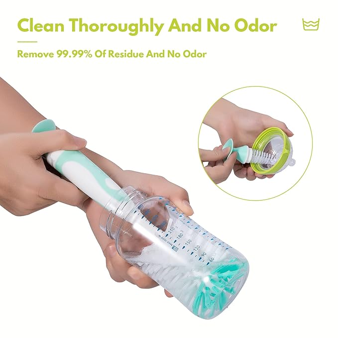 Baby Bottle Brush with One Base Hidden Nylon Nipple Cleaner, 2 Pcs Sponge Nipple Brushes, 2 Pcs Straw Brushes, Bottle Brush with Nipple Cleaner and Suction Cup (Green)