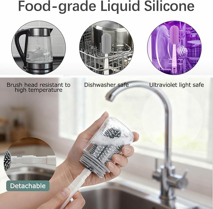 Baby Bottle Brush Set - 7 in1 Travel Bottle Cleaner Kit with Silicone Brush, Nipple Brush, Straw Brush, Bottle Drying Rack, Soap Dispenser, Storage Box, Baby Travel Essential Gift for Parents (Grey)