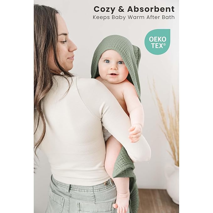 Konssy 2-Pack Muslin Hooded Baby Towels, 100% Cotton, Ultra-Soft & Absorbent Baby Bath Towels with Hood for Newborn & Infant (Fog Green, Sprout, 32" x 32")