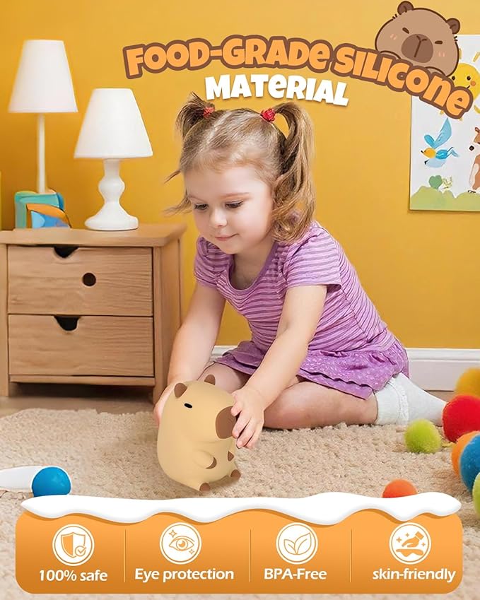 Cute Capybara Night Light, Animal Lamp, Food Grade Silicone, Rechargeable, 2 Level Dimmable, Squishy Nursery Nightlight for Desk Decor, Funny Gifts Stuff for Boys Girls Baby, White Elephant Gifts