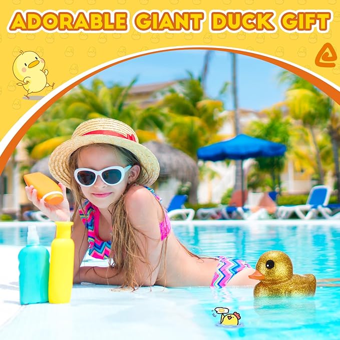 Honoson 2 Pcs 6.89 Inch Giant Glitter Rubber Ducks Big Sparkly Rubber Ducks Jumbo Bathtub Toys with Squeaky Sound for Baby Shower Pool Activity Birthday Gift(Glitter,Gold)