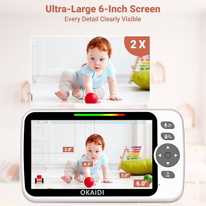 OKAIDI Baby Monitor No WiFi, 6" Extra-Large IPS Screen with 30-Hrs Battery, 1000ft Baby Monitor with Camera and Audio, Remote Pan-Tilt-Zoom Camera for Baby/Pet/Elderly, 2-Way Talk, Night Vision, VOX