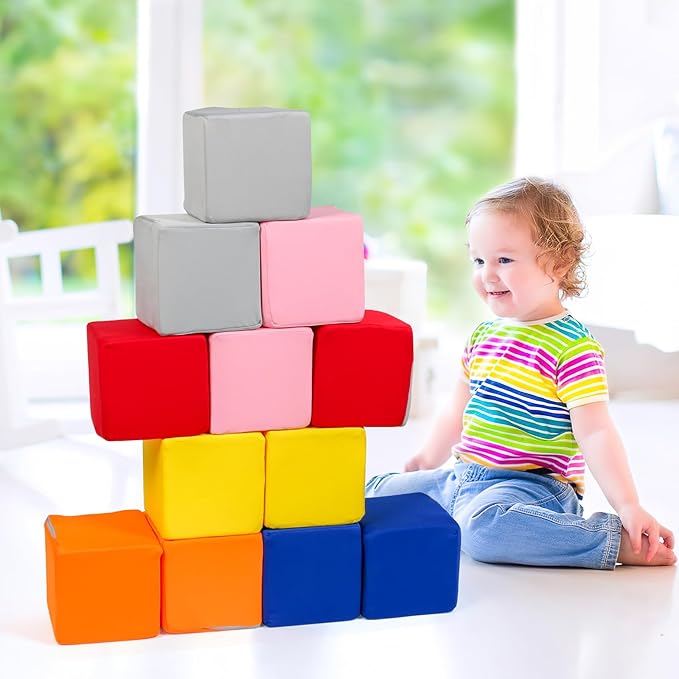 Foam Blocks for Toddlers, 12 Pieces Soft Building Blocks for Kids, Large Foam Cubes Colourful Stacking Block Sets - Throw & Play Toys with Washable Cover(Pink, Dark Blue, Yellow, Orange, Red, Gray)