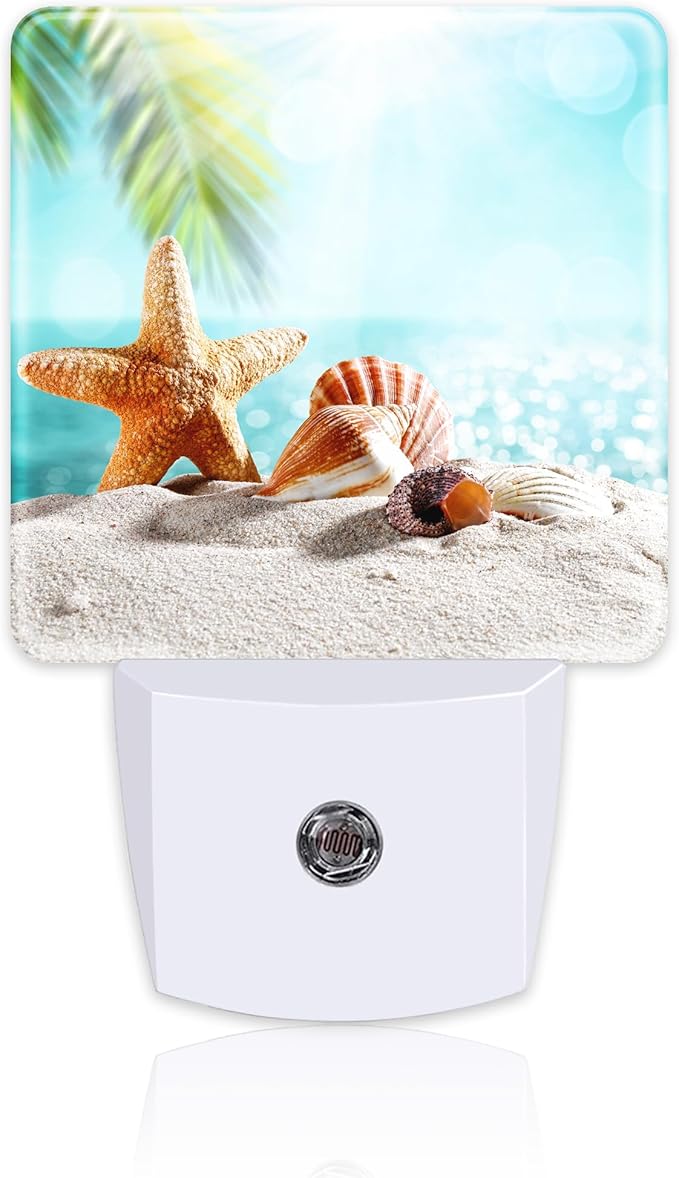 Starfish Seashells on Sand Night Light Plug into Wall, Summer Tropical Beach Ocean Dusk to Dawn Night Light Plug in,0.5w Energy Saving Sleep Friendly NightLight for Kids Boys Girls Home Decor
