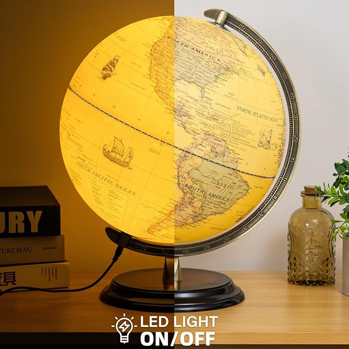 12'' Retro Illuminated World Globe with Wooden Stand, 2-1 Educ & Décor Antique Night Light up Globe Built in LED & HD Printed Map, Antique Illuminated Glob for Adults & Kids, Home Décor, Office