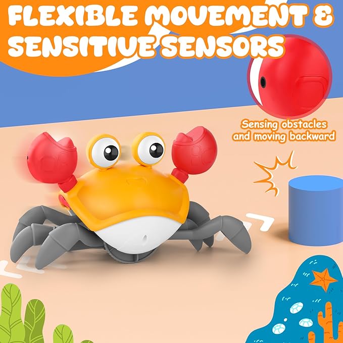 Crawling Crab Baby Toy, Upgraded Tummy Time Gifts for Newborn Babies 3-6 6-12 Month, Light-Up Walking Dancing Moving Crab with Music & Obstacle Avoidance, Rechargeable Sensory Development Toy (Orange)