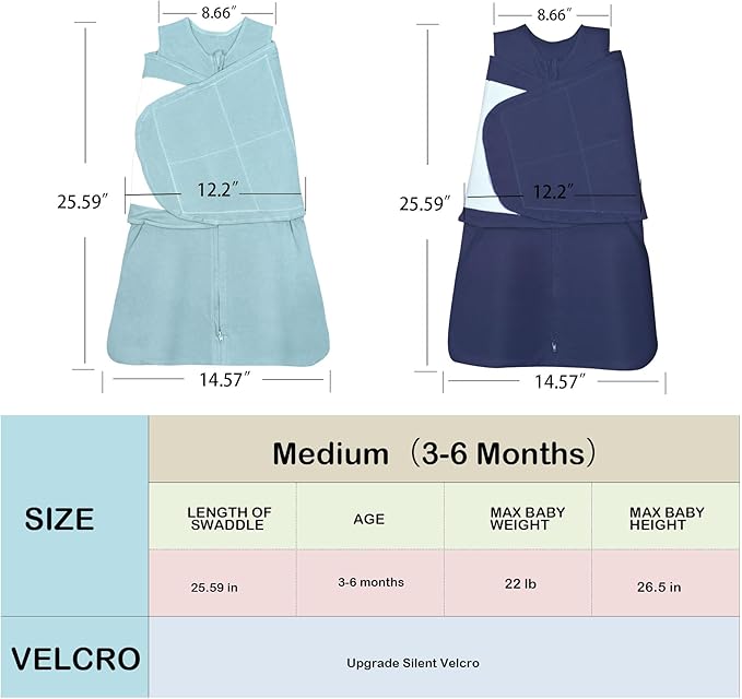 Baby Sleep sack Swaddle,Swaddles 3-6 Months,3-Way Adjustable Wearable Transition Blanket 100% Organic Cotton 2-Piece,12-18 lbs,1.0 TOG(Cyan&Navy Blue)