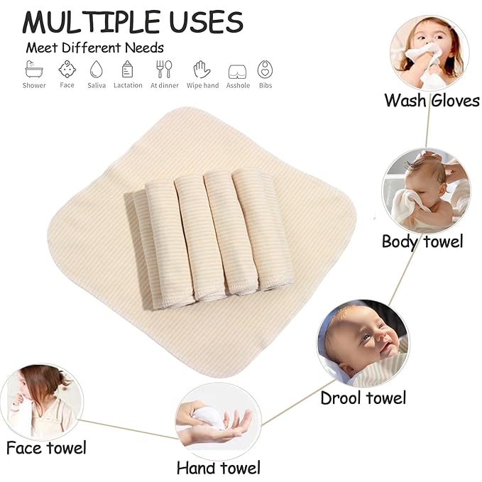 Organic Cotton Baby Washcloths - 10 Pack | Ultra-Soft Newborn Face Bath Towel - Reusable Baby Wipes for Delicate Skin Thin & Lightweight, Perfect for Babies, Kids, Toddlers, Infant (Stripes)