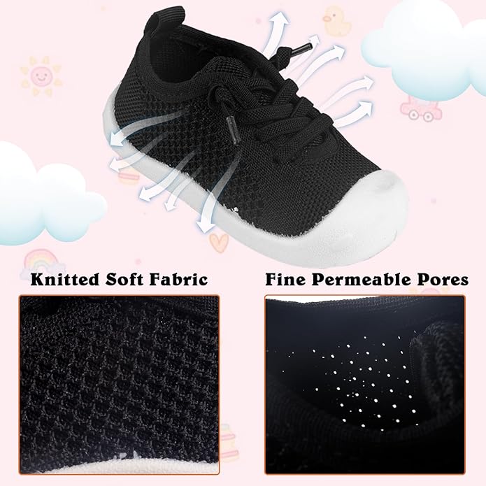 Baby Girl&Boy Toddler First Walking Shoes 6-12 Months Size 3 Black Barefoot Slip On Wide Toe Box Shoes Soft Footmates Casual Tennis Indoor Flexible Learning to Walk Rubber Sneakers