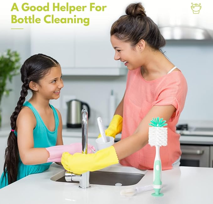 Baby Bottle Brush Set with Nipple Cleaner and Suction, 10.2" Cleaning Brush and 6.5" Sponge Bottle Brush with A Replacement Brush Head and Two 6.7" Straw Brushes, Pack of 5 (Pink)