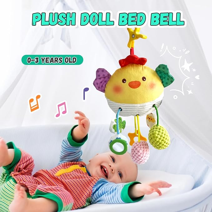 Baby Toys for 3 6 9 12 Months, Bassinet Toys for Infant & Toddlers, Crib Stroller Hanging Doll for Stimulating Baby’s Senses and Developing Motor Skills (Chick)