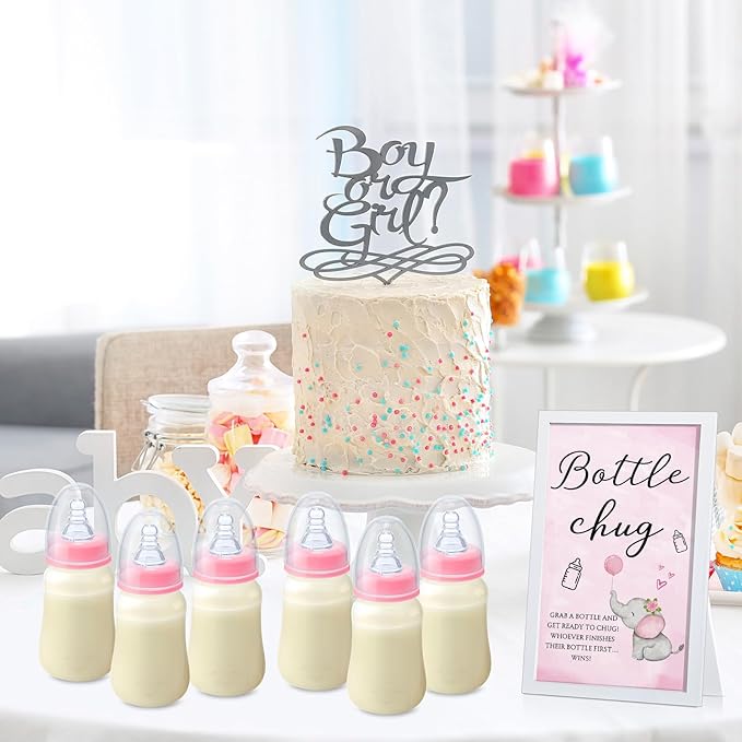 Roowest Bottle Chug Baby Shower Game Favors Including Pink Elephant Theme Wooden Sign and 18 Pcs Baby Bottles for Gender Reveal Party Supplies