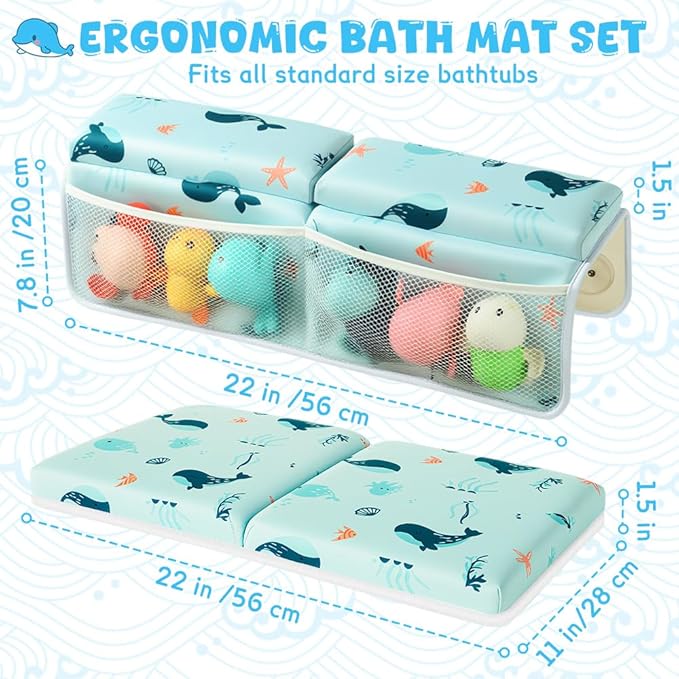 SKEFOLI Baby Bath Kneeler and Elbow Rest Pad Set,1.5" Thick Baby Bath Kneeler Pads with Toys Organizer, Pads to Support The Arm, Essentials, Ideal Kneeling Pad for Bathing