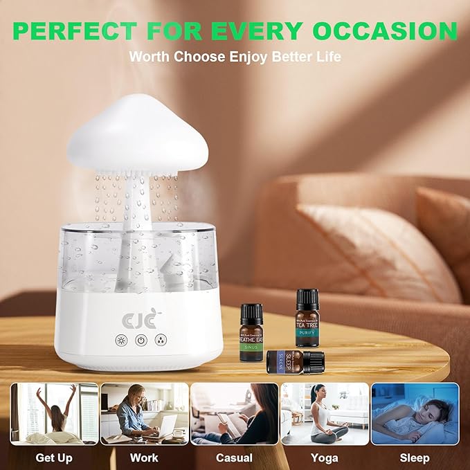 Cloud Rain Humidifier for Bedroom with Soothing Rain Sounds, Water Drip Mushroom Humidifiers 7 Colors Mood Raindrop Air Moisturizer Waterfall Night Light Sleep Aid Diffuser (White Cloud, CH08)